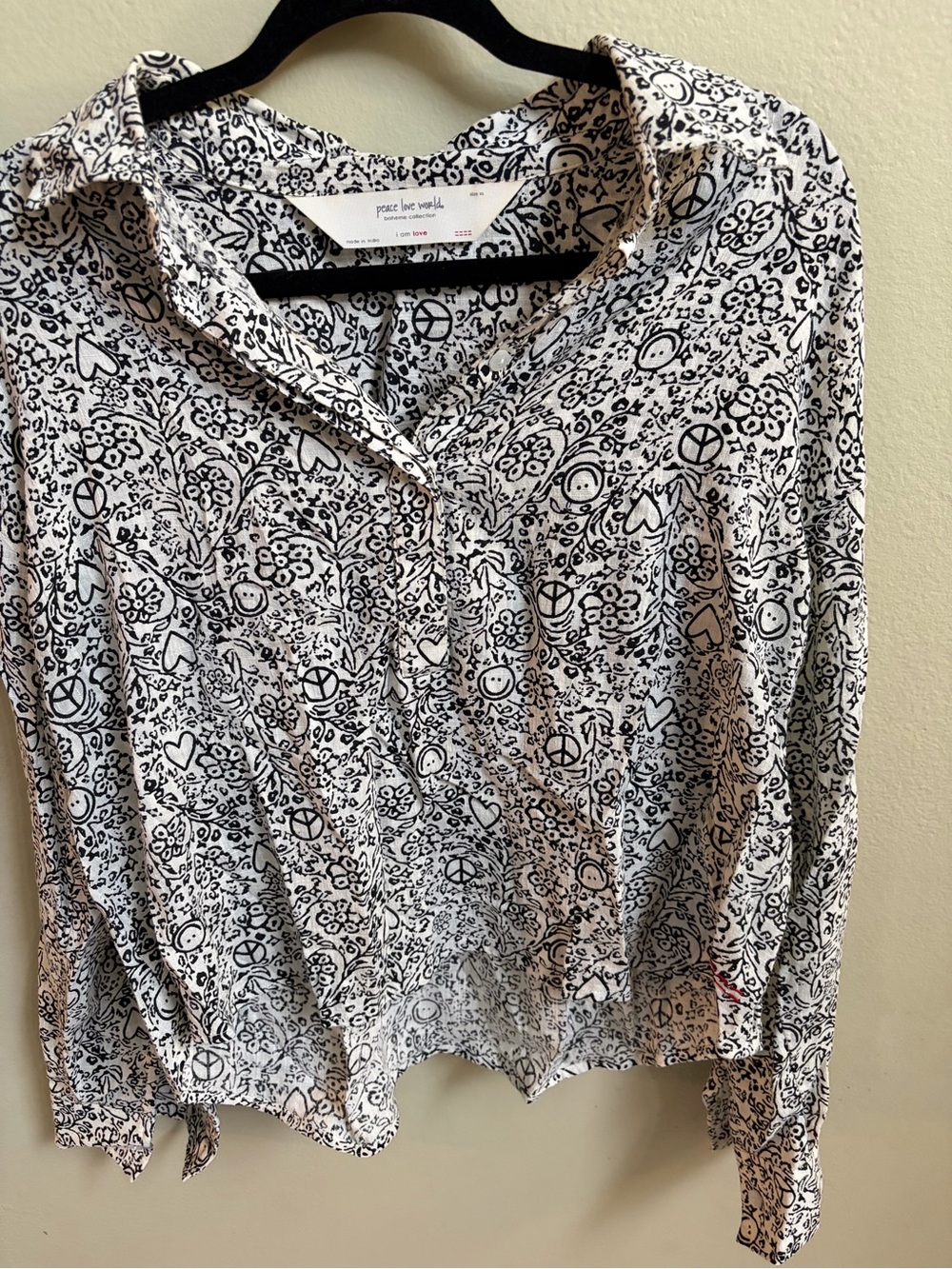 Peace Love World Black & White Doodle Print Button-Down Shirt